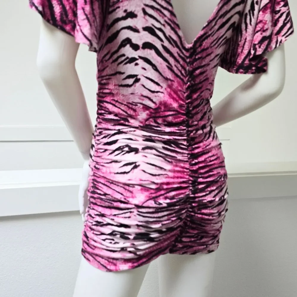 COOGI Y2K Ruched Plunge Zebra Print Mini Dress in Electric Hot Pink - Picture 6 of 16